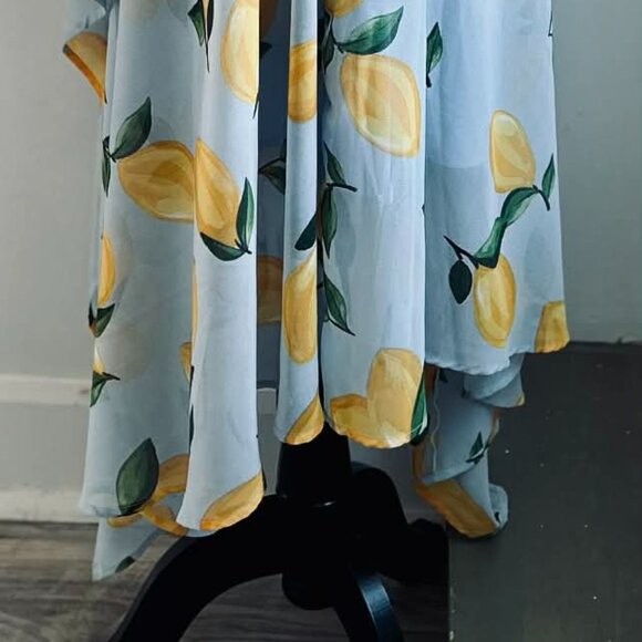 Melanie Lyne Icy Blue Lemon Print Asymmetrical Overlay Chiffon Maxi Dress – US 2 - Picture 7 of 15